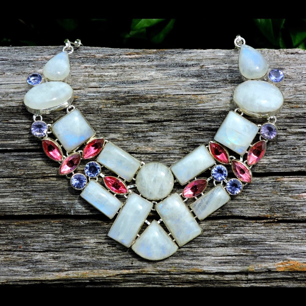Pink Topaz Moonstone Iolite Gemstone Necklace